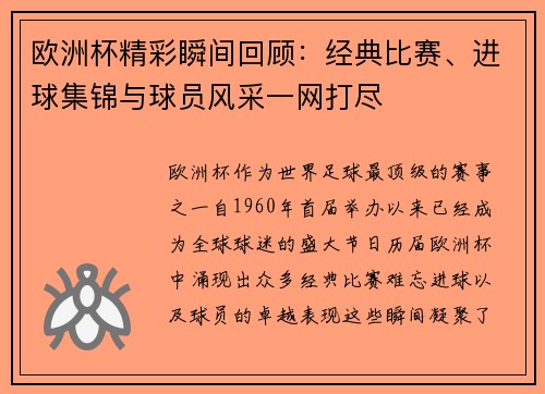 欧洲杯精彩瞬间回顾：经典比赛、进球集锦与球员风采一网打尽