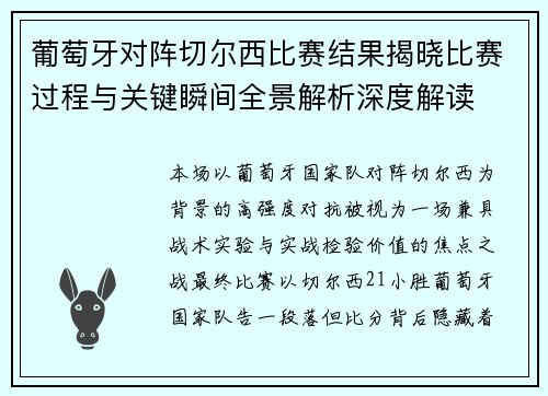 葡萄牙对阵切尔西比赛结果揭晓比赛过程与关键瞬间全景解析深度解读